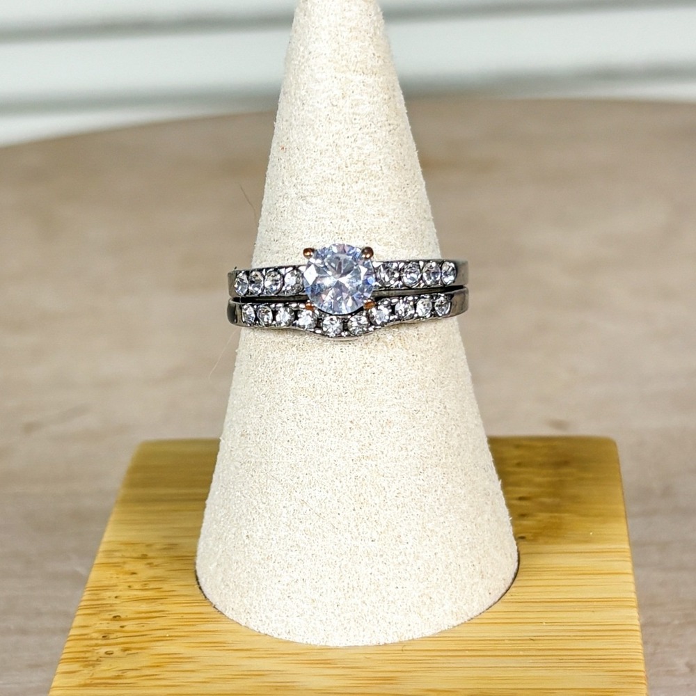 Silver Tone Bridal Set Round Solitaire Pave Band Stainless Steel Ring Size 8.5